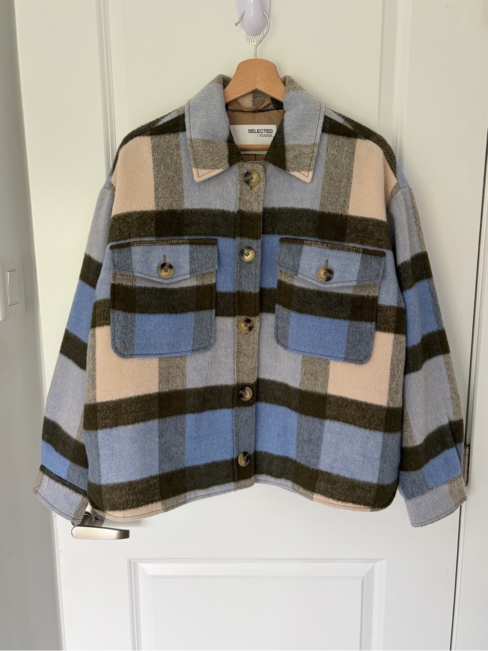 Selected Femme Blue & Beige Plaid Bomber Jacket